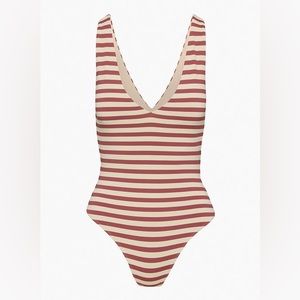 BABATON Contour V-neck Bodysuit - Red and Beige Stripe - M - NWT